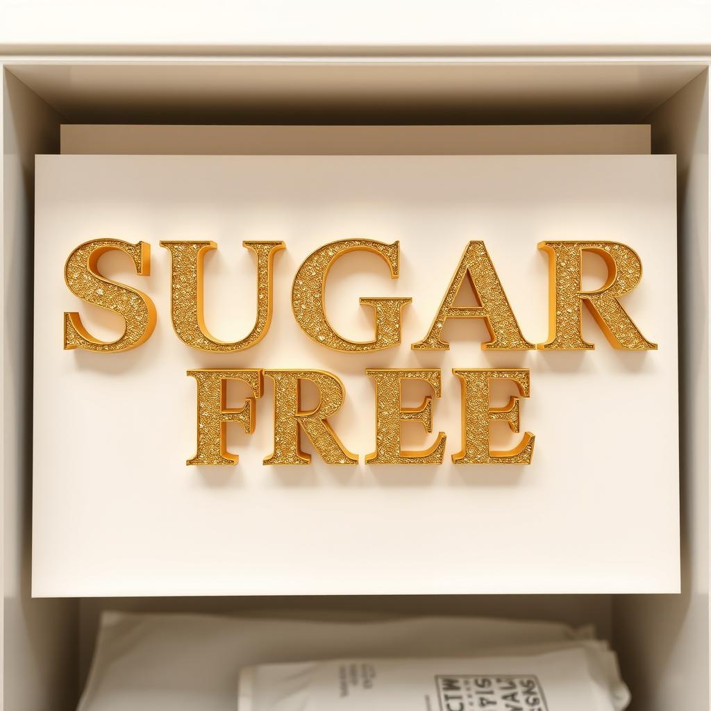 A striking product title for 'SUGAR FREE' designed for placement in a corner of a product display