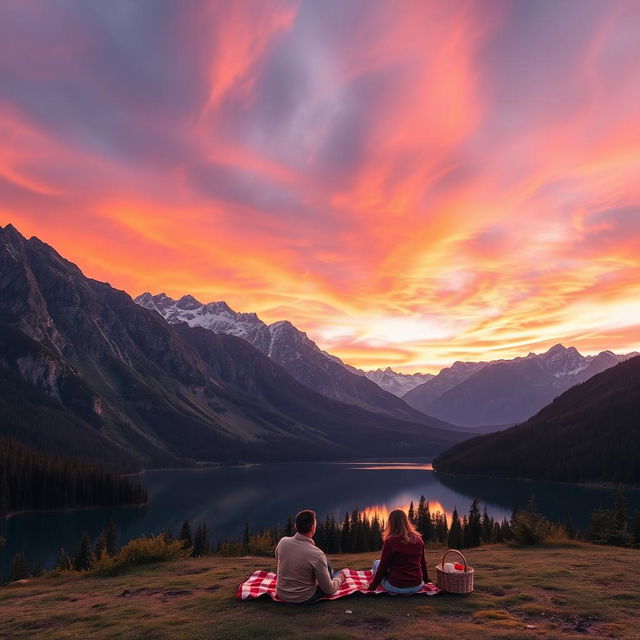 A breathtaking view of a mountain range at sunset, with vibrant orange, pink, and purple hues filling the sky