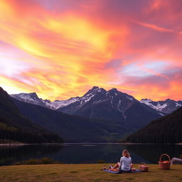 A breathtaking view of a mountain range at sunset, with vibrant orange, pink, and purple hues filling the sky