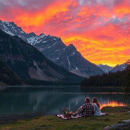 A breathtaking view of a mountain range at sunset, with vibrant orange, pink, and purple hues filling the sky