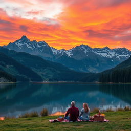A breathtaking view of a mountain range at sunset, with vibrant orange, pink, and purple hues filling the sky