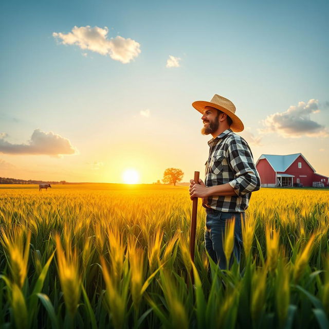 A serene scene depicting a farmer standing in a lush green field, surrounded by tall wheat crops swaying gently in the breeze