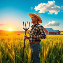 A serene scene depicting a farmer standing in a lush green field, surrounded by tall wheat crops swaying gently in the breeze