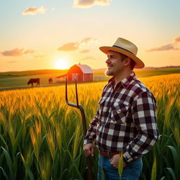 A serene scene depicting a farmer standing in a lush green field, surrounded by tall wheat crops swaying gently in the breeze