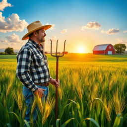 A serene scene depicting a farmer standing in a lush green field, surrounded by tall wheat crops swaying gently in the breeze