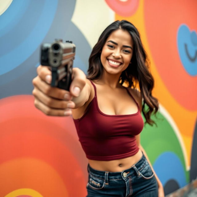 A confident Latina woman smiling brightly while wearing a fitted crop top tank top that shows off her stomach