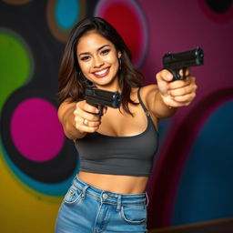 A confident Latina woman smiling brightly while wearing a fitted crop top tank top that shows off her stomach