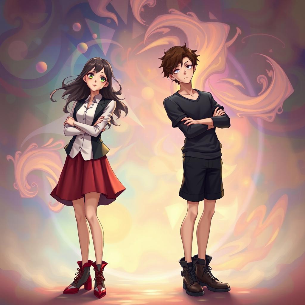 A surreal and imaginative depiction of two individuals, one female and one male, who have their souls switched