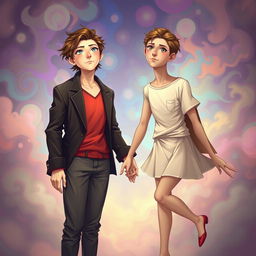 A surreal and imaginative depiction of two individuals, one female and one male, who have their souls switched