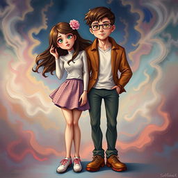 A surreal and imaginative depiction of two individuals, one female and one male, who have their souls switched