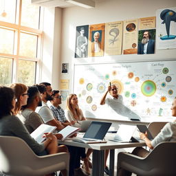 A lively biology class discussion taking place in a bright, interactive classroom