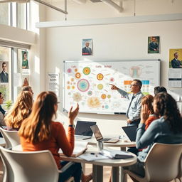 A lively biology class discussion taking place in a bright, interactive classroom