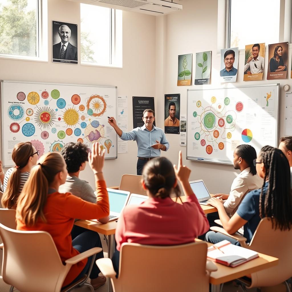A lively biology class discussion taking place in a bright, interactive classroom