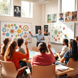 A lively biology class discussion taking place in a bright, interactive classroom