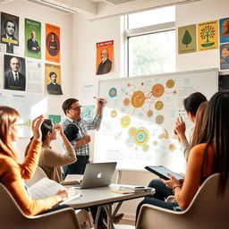 A lively biology class discussion taking place in a bright, interactive classroom
