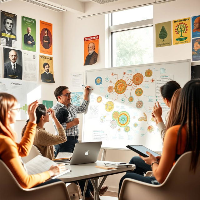 A lively biology class discussion taking place in a bright, interactive classroom