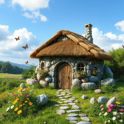 A charming medieval hut constructed from various rocks, surrounded by lush greenery and blooming wildflowers