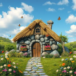A charming medieval hut constructed from various rocks, surrounded by lush greenery and blooming wildflowers
