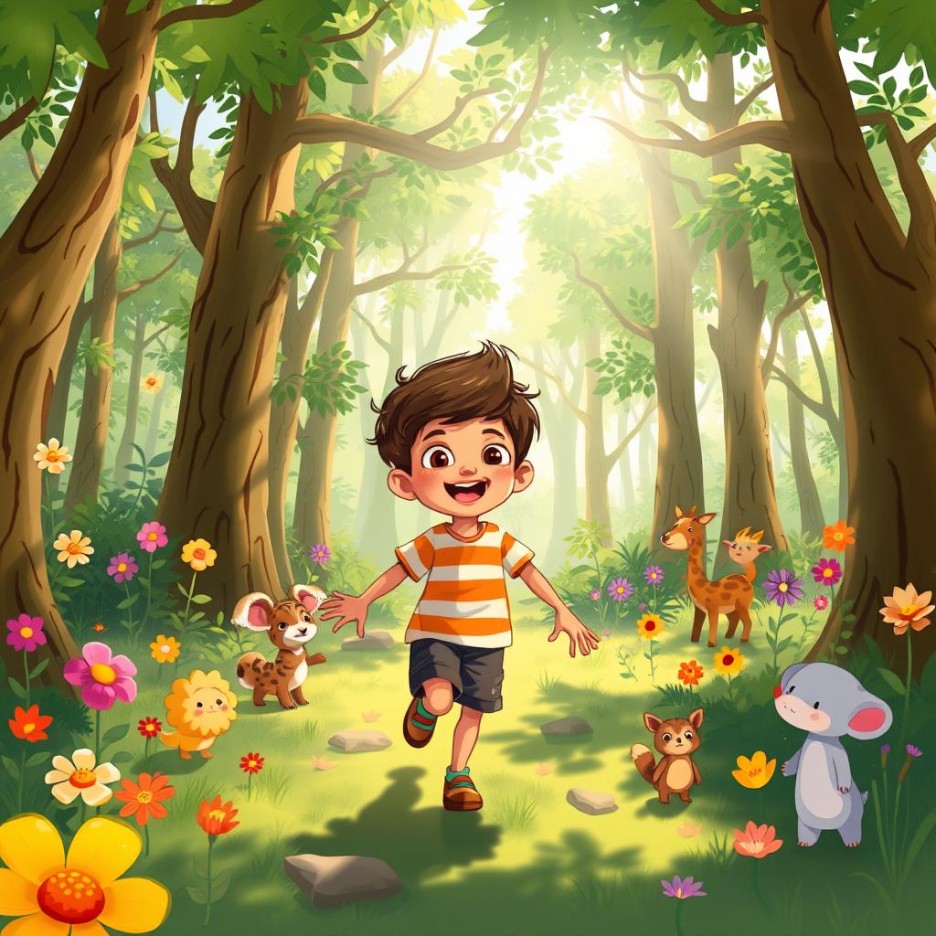 A whimsical illustration of a 6-year-old boy named Bablu, joyfully wandering through a vibrant forest filled with tall trees, colorful flowers, and curious animals