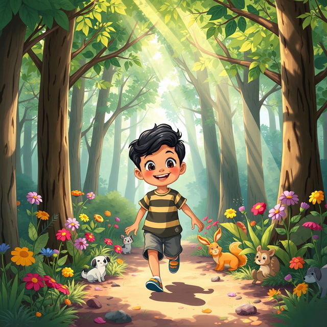 A whimsical illustration of a 6-year-old boy named Bablu, joyfully wandering through a vibrant forest filled with tall trees, colorful flowers, and curious animals