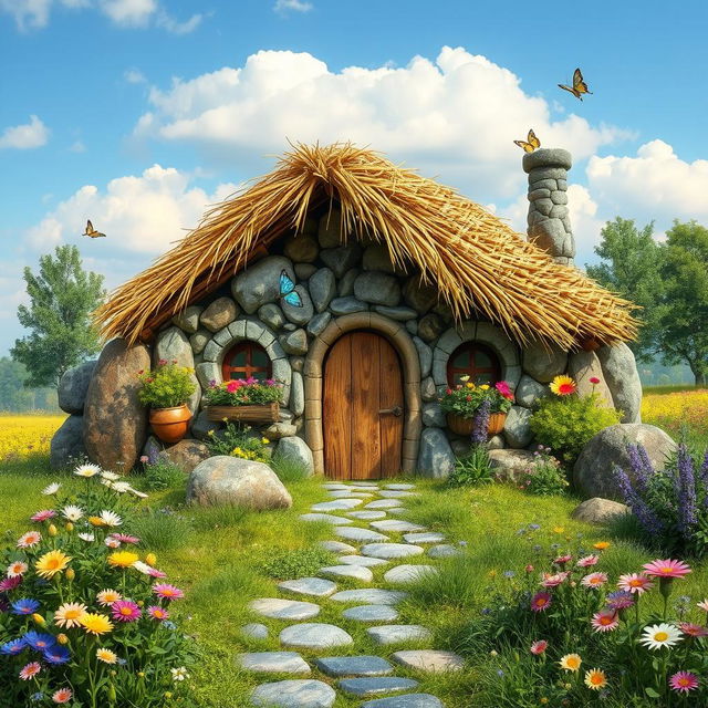 A charming medieval hut constructed from various rocks, surrounded by lush greenery and blooming wildflowers