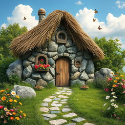 A charming medieval hut constructed from various rocks, surrounded by lush greenery and blooming wildflowers