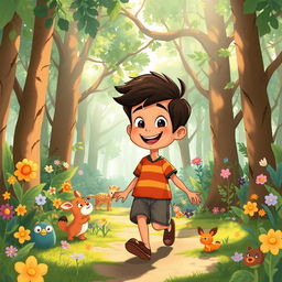 A whimsical illustration of a 6-year-old boy named Bablu, joyfully wandering through a vibrant forest filled with tall trees, colorful flowers, and curious animals