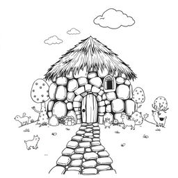 A charming black and white illustration of a medieval hut constructed from various rocks