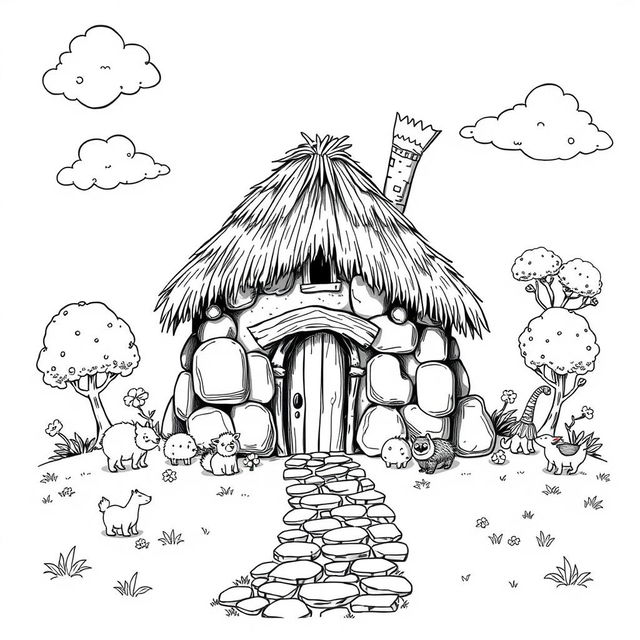 A charming black and white illustration of a medieval hut constructed from various rocks