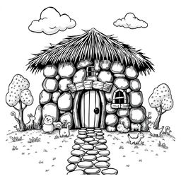 A charming black and white illustration of a medieval hut constructed from various rocks