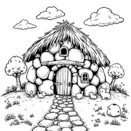 A charming black and white illustration of a medieval hut constructed from various rocks