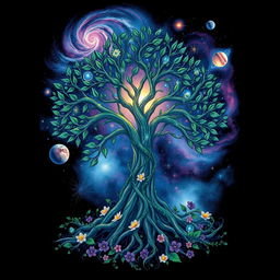 A stunning t-shirt design that blends elements of space and nature seamlessly