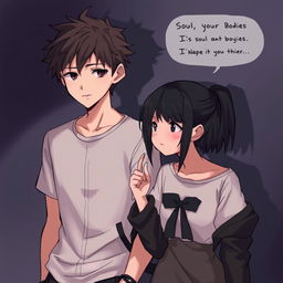 A boy and a girl whose souls and bodies have been swapped, embodying the essence of soul transmutation