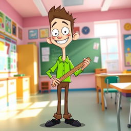 A cartoon-style character inspired by Baldi from Baldi's Basics, with a tall, thin figure wearing a bright green shirt, brown pants, and black shoes