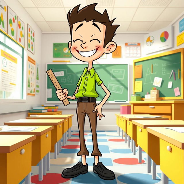 A cartoon-style character inspired by Baldi from Baldi's Basics, with a tall, thin figure wearing a bright green shirt, brown pants, and black shoes