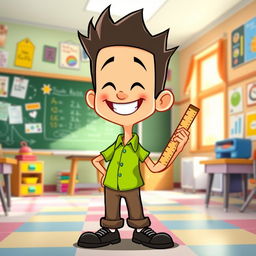 A cartoon-style character inspired by Baldi from Baldi's Basics, with a tall, thin figure wearing a bright green shirt, brown pants, and black shoes