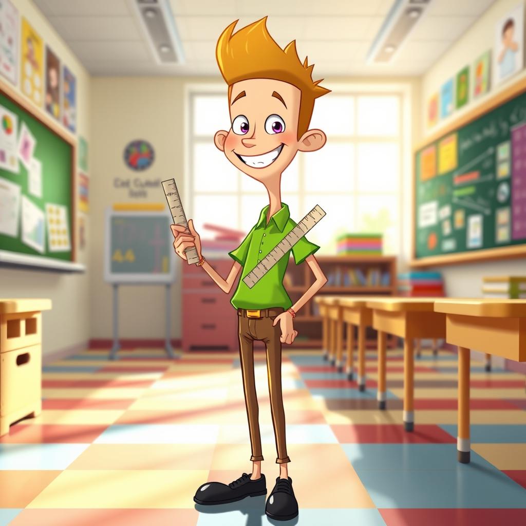 A cartoon-style character inspired by Baldi from Baldi's Basics, with a tall, thin figure wearing a bright green shirt, brown pants, and black shoes