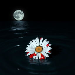 A white daisy flower with vivid red blood drops on its petals, floating in a dark ocean during the night