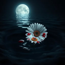 A white daisy flower with vivid red blood drops on its petals, floating in a dark ocean during the night