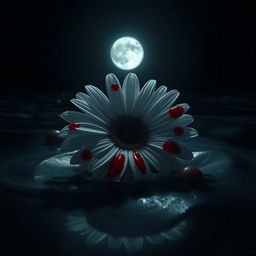 A white daisy flower with vivid red blood drops on its petals, floating in a dark ocean during the night