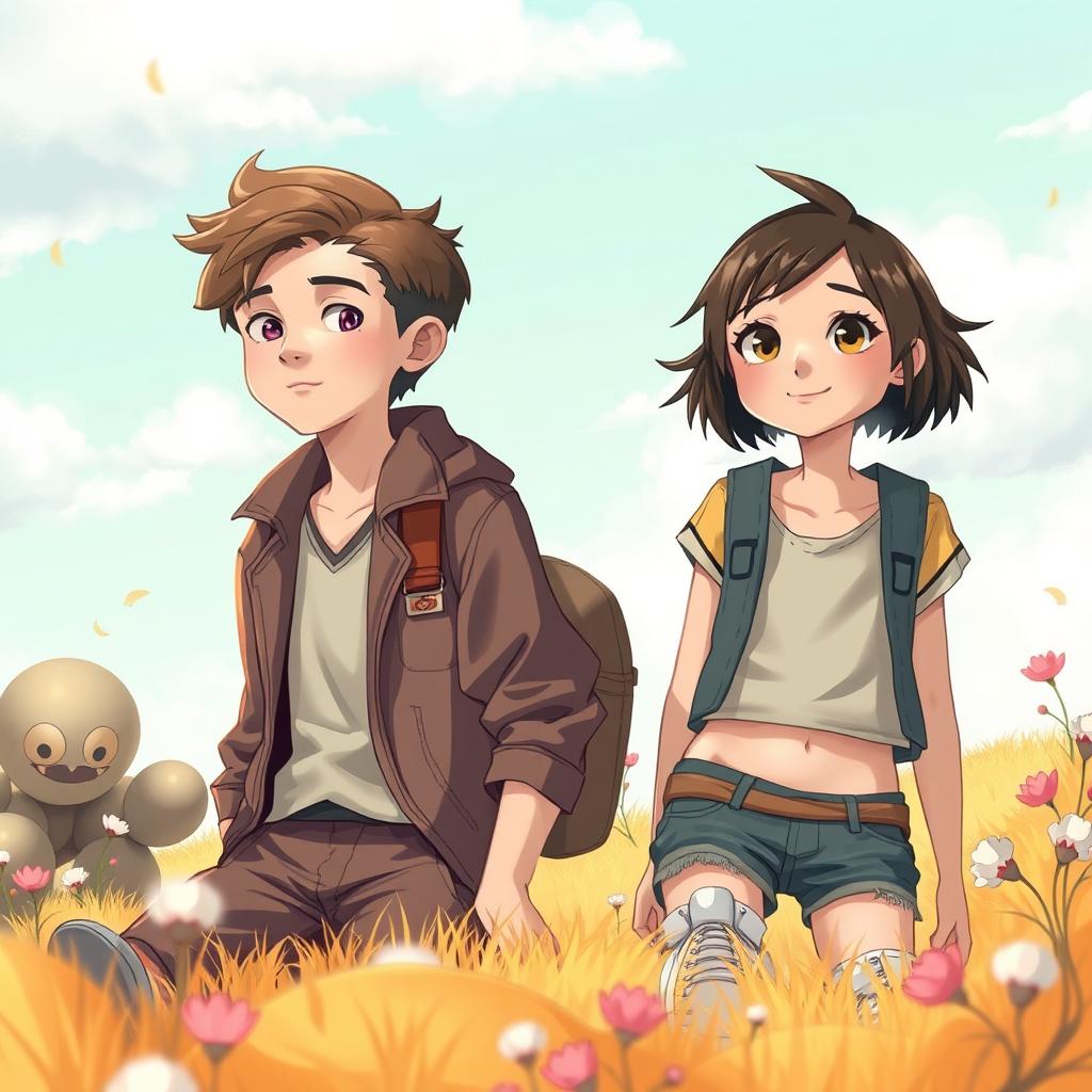 A scene depicting a boy with a slightly feminine appearance and a girl with a tomboy style, showcasing their souls and bodies as if they have been exchanged