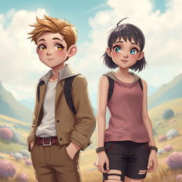 A scene depicting a boy with a slightly feminine appearance and a girl with a tomboy style, showcasing their souls and bodies as if they have been exchanged