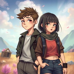 A scene depicting a boy with a slightly feminine appearance and a girl with a tomboy style, showcasing their souls and bodies as if they have been exchanged