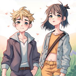 A scene depicting a boy with a slightly feminine appearance and a girl with a tomboy style, showcasing their souls and bodies as if they have been exchanged
