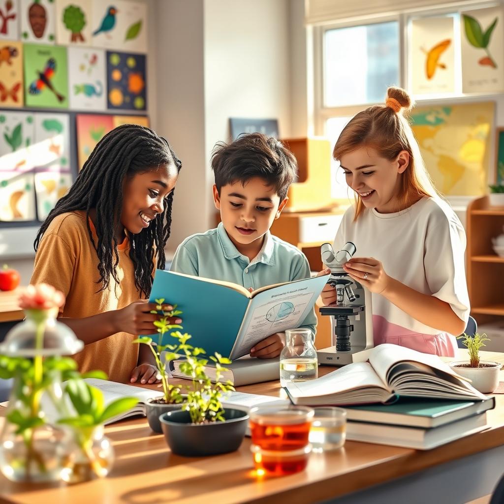 A vibrant classroom scene depicting a diverse group of students engaged in a biology project