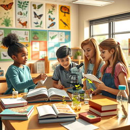 A vibrant classroom scene depicting a diverse group of students engaged in a biology project