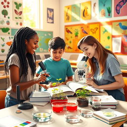 A vibrant classroom scene depicting a diverse group of students engaged in a biology project