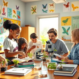 A vibrant classroom scene depicting a diverse group of students engaged in a biology project