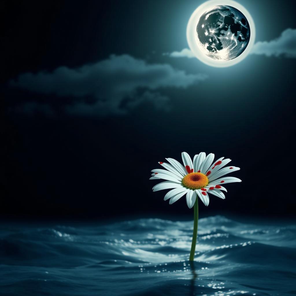 A surreal scene featuring a single daisy flower emerging from a calm, dark ocean at night
