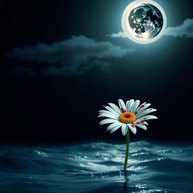A surreal scene featuring a single daisy flower emerging from a calm, dark ocean at night
